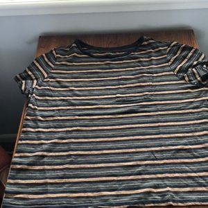 green, yellow, black striped t-shirt